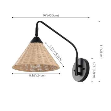 JONATHAN Y JYL1602A Kiawah 11" 1-Light Vintage Coastal Rattan/Metal Swing Arm LED Sconce, for Bedroom, Living Room, Kitchen, Office, Black/Natural