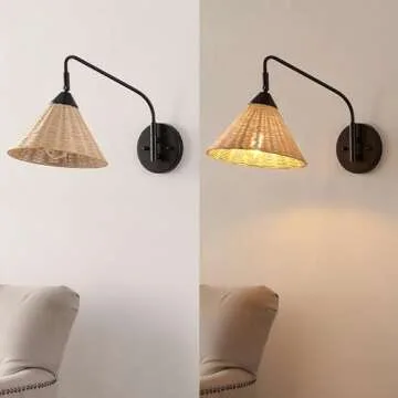 JONATHAN Y JYL1602A Kiawah 11" 1-Light Vintage Coastal Rattan/Metal Swing Arm LED Sconce, for Bedroom, Living Room, Kitchen, Office, Black/Natural