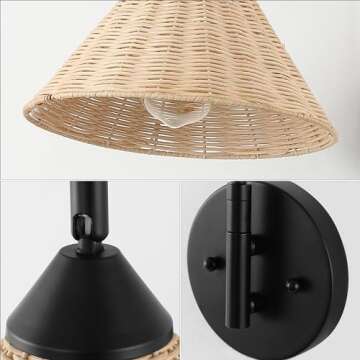 JONATHAN Y JYL1602A Kiawah 11" 1-Light Vintage Coastal Rattan/Metal Swing Arm LED Sconce, for Bedroom, Living Room, Kitchen, Office, Black/Natural