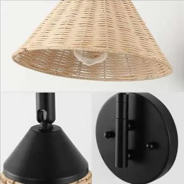 JONATHAN Y JYL1602A Kiawah 11" 1-Light Vintage Coastal Rattan/Metal Swing Arm LED Sconce, for Bedroom, Living Room, Kitchen, Office, Black/Natural