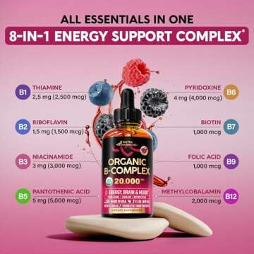 USDA Organic Vitamin B-Complex B5 Pantothenic Acid | B12 Methylcobalamin | B1 Thiamine | B6 Pyridoxine | B7 Biotin | B9 Folic | B3 Niacinamide - B Complex Liquid Drops, Made in USA Supplement, 2fl oz