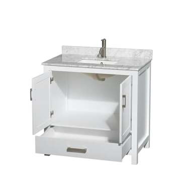Wyndham Collection Sheffield 36 inch Single Bathroom Vanity in White, White Carrara Marble Countertop, Undermount Square Sink, and No Mirror