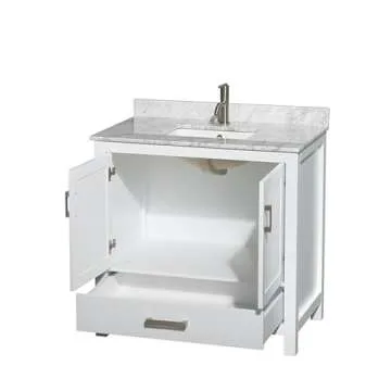 Wyndham Collection Sheffield 36 inch Single Bathroom Vanity in White, White Carrara Marble Countertop, Undermount Square Sink, and No Mirror