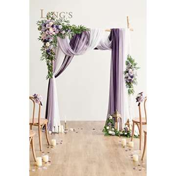 Ling's Moment Deluxe Purple Artificial Wedding Arch Flowers with Drapes Kit-Pack of 5, 2pcs Flower Arrangements 3pcs Hanging Sheer Drapes Gold Ceremony Arbor Reception Backdrop Rose Floral Decorations