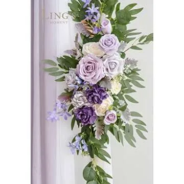 Ling's Moment Deluxe Purple Artificial Wedding Arch Flowers with Drapes Kit-Pack of 5, 2pcs Flower Arrangements 3pcs Hanging Sheer Drapes Gold Ceremony Arbor Reception Backdrop Rose Floral Decorations