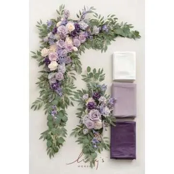 Ling's Moment Deluxe Purple Artificial Wedding Arch Flowers with Drapes Kit-Pack of 5, 2pcs Flower Arrangements 3pcs Hanging Sheer Drapes Gold Ceremony Arbor Reception Backdrop Rose Floral Decorations