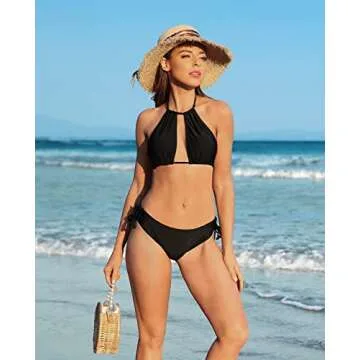 beautyin Women Sexy Bikini Black Swimsuit Two Piece Halter Keyhole Bathing Suit
