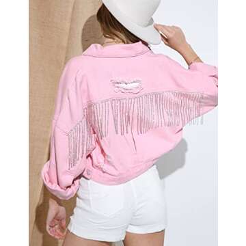 happlan Trendy Cute Crop Denim Jacket with Rhinestone Fringe and Tassel Casual Western Cowgirl Look ...