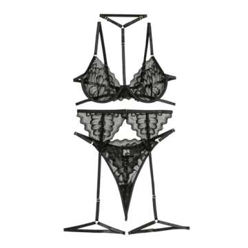 Lilosy Sexy Choker Floral Lace Scallop Sheer Underwire Push Up Garter Belt Lingerie Set for Women See Through Bra and Panty 3 Piece Black Small