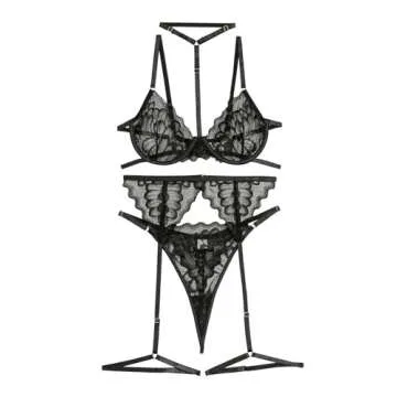 Lilosy Sexy Choker Floral Lace Scallop Sheer Underwire Push Up Garter Belt Lingerie Set for Women See Through Bra and Panty 3 Piece Black Small