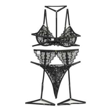 Lilosy Sexy Choker Floral Lace Scallop Sheer Underwire Push Up Garter Belt Lingerie Set for Women See Through Bra and Panty 3 Piece Black Small