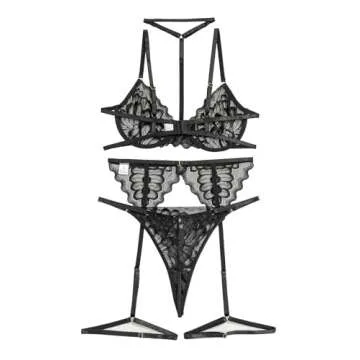 Lilosy Sexy Choker Floral Lace Scallop Sheer Underwire Push Up Garter Belt Lingerie Set for Women See Through Bra and Panty 3 Piece Black Small