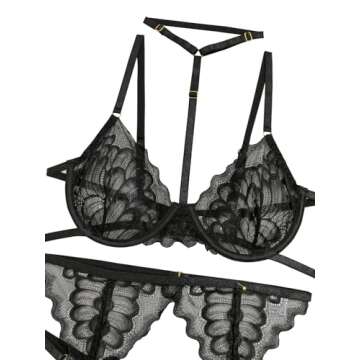 Lilosy Sexy Choker Floral Lace Scallop Sheer Underwire Push Up Garter Belt Lingerie Set for Women See Through Bra and Panty 3 Piece Black Small