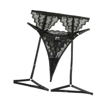 Lilosy Sexy Choker Floral Lace Scallop Sheer Underwire Push Up Garter Belt Lingerie Set for Women See Through Bra and Panty 3 Piece Black Small