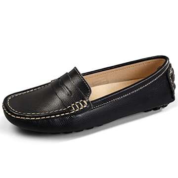 Artisure Women's Classic Handsewn Black Genuine Leather Penny Loafers Driving Moccasins Casual Boat ...