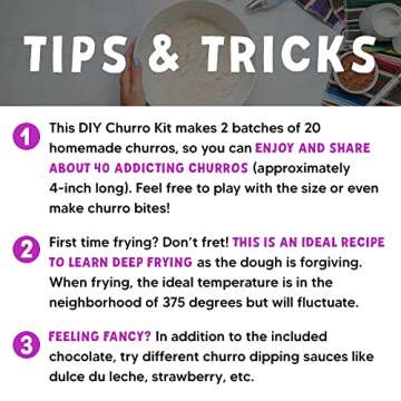 Global Grub DIY Churro Kit - Homemade Churro Kit Includes Churro Mix, Cinnamon Sugar, Chocolate Dipping Mix, Churro Piping Set, Cooking Instructions. Makes 40 Churros. Great Gift for Churro Lovers!