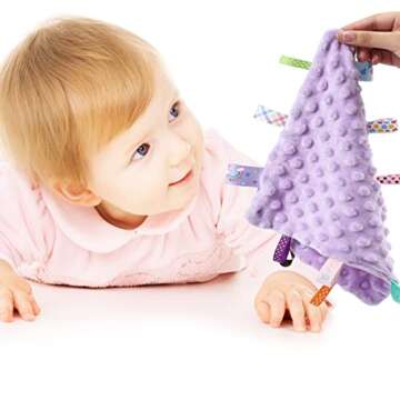 CREVENT Tag Security Blankets for Babies, Soft Small Loveys for Girls, Baby Comforter Sensory Blanket, Great Gifts for Birthday Baby Shower (10"X10" Purple Tag)