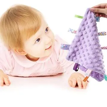 CREVENT Tag Security Blankets for Babies, Soft Small Loveys for Girls, Baby Comforter Sensory Blanket, Great Gifts for Birthday Baby Shower (10"X10" Purple Tag)