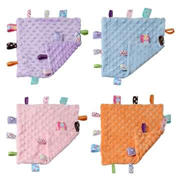 CREVENT Tag Security Blankets for Babies, Soft Small Loveys for Girls, Baby Comforter Sensory Blanket, Great Gifts for Birthday Baby Shower (10"X10" Purple Tag)