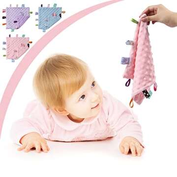 CREVENT Tag Security Blankets for Babies, Soft Small Loveys for Girls, Baby Comforter Sensory Blanket, Great Gifts for Birthday Baby Shower (10"X10" Purple Tag)