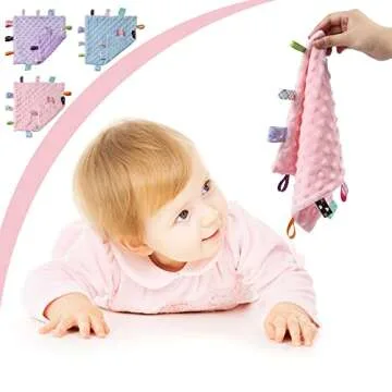 CREVENT Tag Security Blankets for Babies, Soft Small Loveys for Girls, Baby Comforter Sensory Blanket, Great Gifts for Birthday Baby Shower (10"X10" Purple Tag)