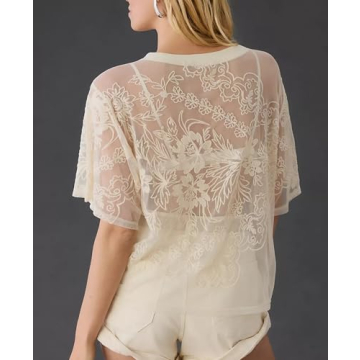 Aimiray Women's Sexy Lace Mesh Top - Floral Sheer Blouse