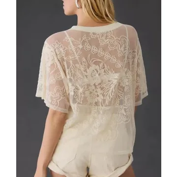 Aimiray Women's Sexy Lace Mesh Top - Floral Sheer Blouse