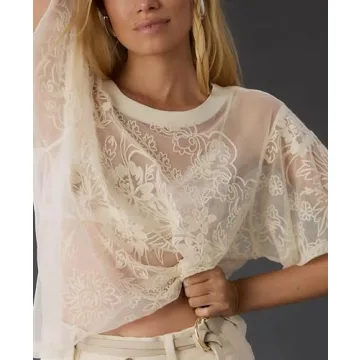 Aimiray Women's Sexy Lace Mesh Top - Floral Sheer Blouse