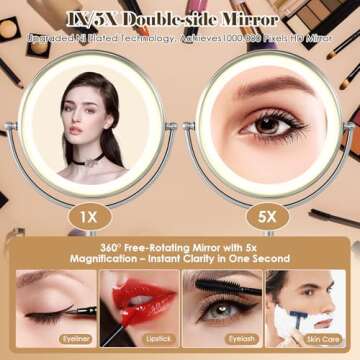 VESAUR 10" Extra Large 17" Tall Lighted Makeup Mirror, 1X/5X Undistorted Magnifying Vanity Mirror wi...