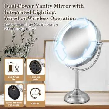 VESAUR 10" Extra Large 17" Tall Lighted Makeup Mirror, 1X/5X Undistorted Magnifying Vanity Mirror with 3 Colors High Brightness Dimmable Lights,96 Premium LEDs, 360°Rotation Nickel Table Mirror, Gift