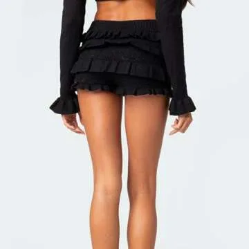 Women Hollow Out Crochet Knit Shorts Ruffled Layered Pleated Tiered Summer Fall Beach Music Festival Shorts (C-Black, M)