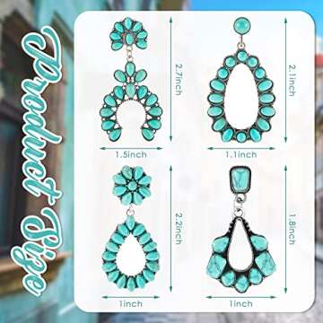 Turquoise Oval Earring 4 Pairs Turquoise Bohemian Dangle Metal Earrings Western Earrings for Women C...