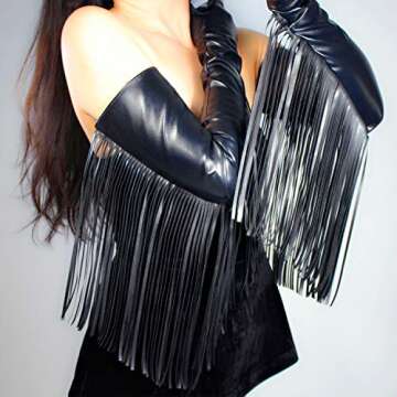 DooWay Long Fringe Gloves Black Women Cowgirl TOUCHSCREEN Faux Lambskin Long Tassle Leather Gloves for Halloween Costume Cosplay