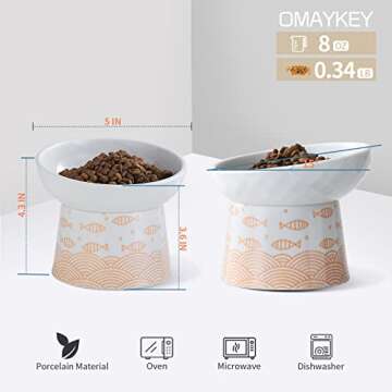 OMAYKEY Ceramic Raised Cat Bowls, Elevated Tilted Cat Food and Water Bowl Set, Porcelain Stress Free Pet Feeder Dish for Cats and Small Dogs, Dishwasher and Microwave Safe, Set of 2