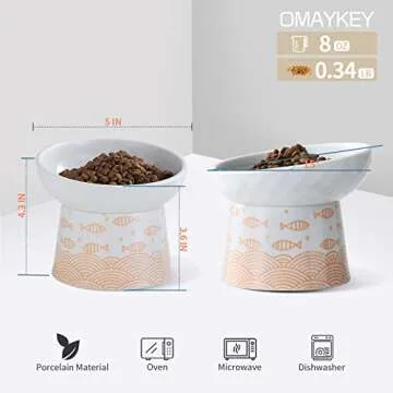 OMAYKEY Ceramic Raised Cat Bowls, Elevated Tilted Cat Food and Water Bowl Set, Porcelain Stress Free Pet Feeder Dish for Cats and Small Dogs, Dishwasher and Microwave Safe, Set of 2