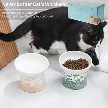 OMAYKEY Ceramic Raised Cat Bowls, Elevated Tilted Cat Food and Water Bowl Set, Porcelain Stress Free Pet Feeder Dish for Cats and Small Dogs, Dishwasher and Microwave Safe, Set of 2