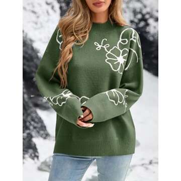 Saodimallsu Womens Mock Neck Sweaters Flower Knit Long Sleeve Casual Loose Fit Floral Pullover Sweater Army Green
