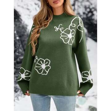Saodimallsu Womens Mock Neck Sweaters Flower Knit Long Sleeve Casual Loose Fit Floral Pullover Sweater Army Green