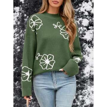Saodimallsu Womens Mock Neck Sweaters Flower Knit Long Sleeve Casual Loose Fit Floral Pullover Sweater Army Green