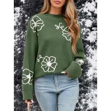 Saodimallsu Womens Mock Neck Sweaters Flower Knit Long Sleeve Casual Loose Fit Floral Pullover Sweater Army Green