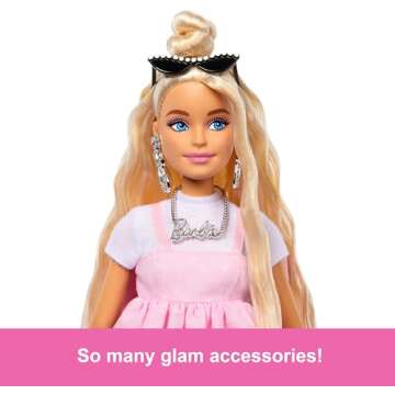 Barbie Deluxe Style Doll #3 in Barbiecore Outfit, Blond Hair in Top Knot, Pink Pastel Dress with Oversized Bow and Accessories Like Mesh Tights