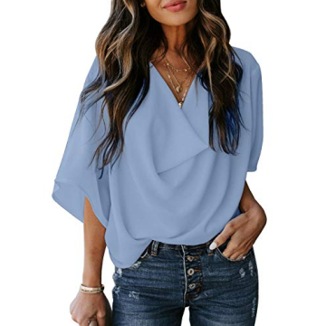 Dokotoo Womens Blouses and Tops Summer Short Sleeve V Neck Solid Color Ladies Wrap Draped Front Busi...