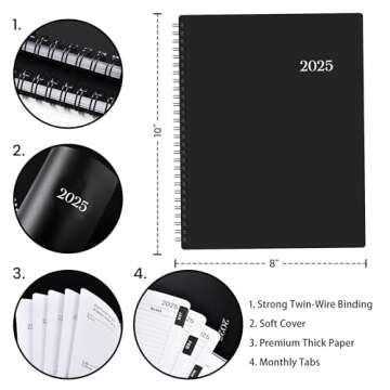 Planner 2025 - January - December 2025 Planner, 2025 Planner Weekly and Monthly with Printed Tabs, 8" x 10", Flexible Cover, Twin-Wire Binding, Perfect Oganizer - Black