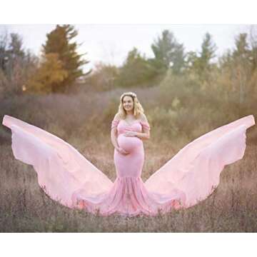 ZIUMUDY Maternity Chiffon Mermaid Gown Off Shoulder Dropped Sleeve Fitted Photo Shoot Photography Dr...