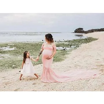 ZIUMUDY Maternity Chiffon Mermaid Gown Off Shoulder Dropped Sleeve Fitted Photo Shoot Photography Dress (Pink)