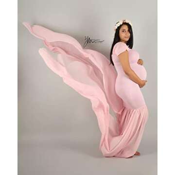 ZIUMUDY Maternity Chiffon Mermaid Gown Off Shoulder Dropped Sleeve Fitted Photo Shoot Photography Dress (Pink)