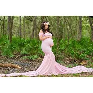 ZIUMUDY Maternity Chiffon Mermaid Gown Off Shoulder Dropped Sleeve Fitted Photo Shoot Photography Dress (Pink)