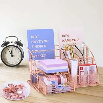 TNELTUEB Rose Gold Desk Organizer Mesh Office Supplies and Accessories with 6 Compartments + Drawer, Multi-Functional Desk Accessories Cute Office Supplies Storage for Women Office Home School