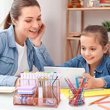 TNELTUEB Rose Gold Desk Organizer Mesh Office Supplies and Accessories with 6 Compartments + Drawer, Multi-Functional Desk Accessories Cute Office Supplies Storage for Women Office Home School