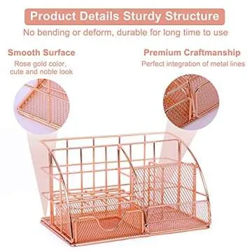 TNELTUEB Rose Gold Desk Organizer Mesh Office Supplies and Accessories with 6 Compartments + Drawer, Multi-Functional Desk Accessories Cute Office Supplies Storage for Women Office Home School